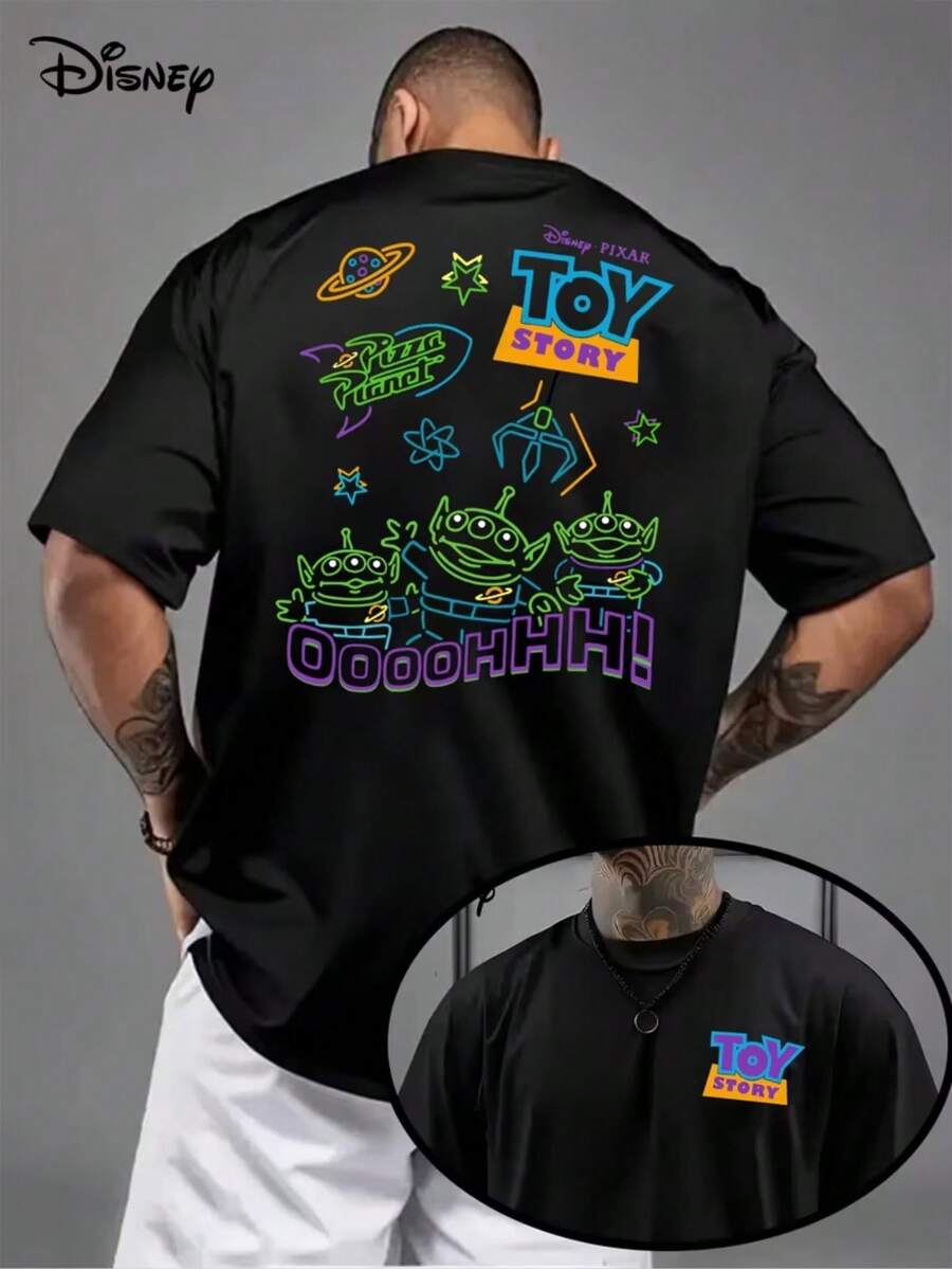 1 Disney Toy Story Men's T-Shirt -"OooohHHH "! Alien Colorful Pattern, Breathable Lightweight Fabric With Dark Background, And Regular Cut T-Shirt-Official Disney Merchandise Gift, Summer Clothing, Fashion Design, Comfortable To Wear. - Black - View 1