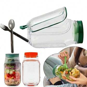 早餐水果保鲜盒，防漏隔层沙拉盒，保鲜罐，沙拉罐，沙拉盒，可重复使用塑料保鲜盒，带侧开盖的防漏沙拉罐，以及带叉勺的调味罐，梅森罐，适合备餐和旅行