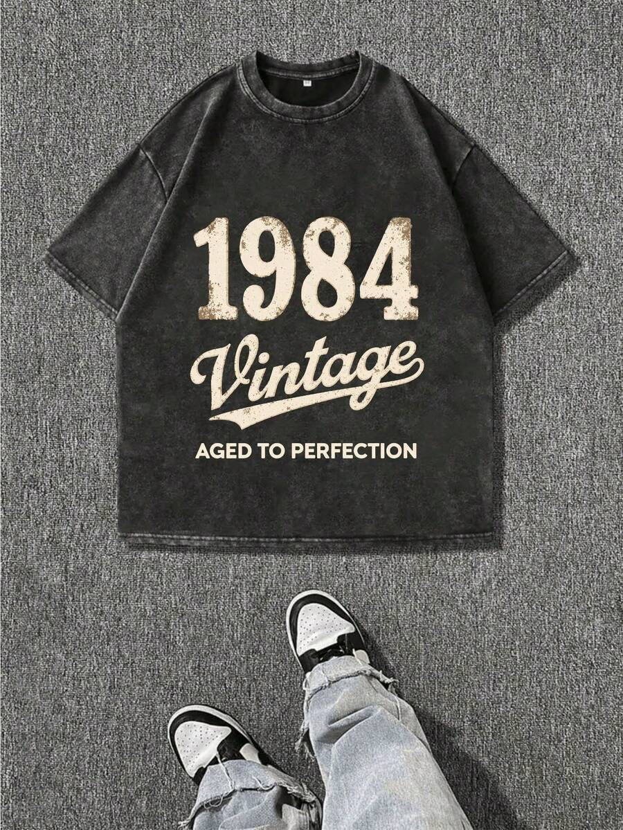 1984 Vintage Oversized T-Shirt - Aged To Perfection Stone-Washed Retro Distressed Black Tee With Vintage Print, Unisex Loose Fit Casual Streetwear For Men & Women, All-Season Comfort, Durable Hot Transfer Graphic - 黑色 - 查看 1