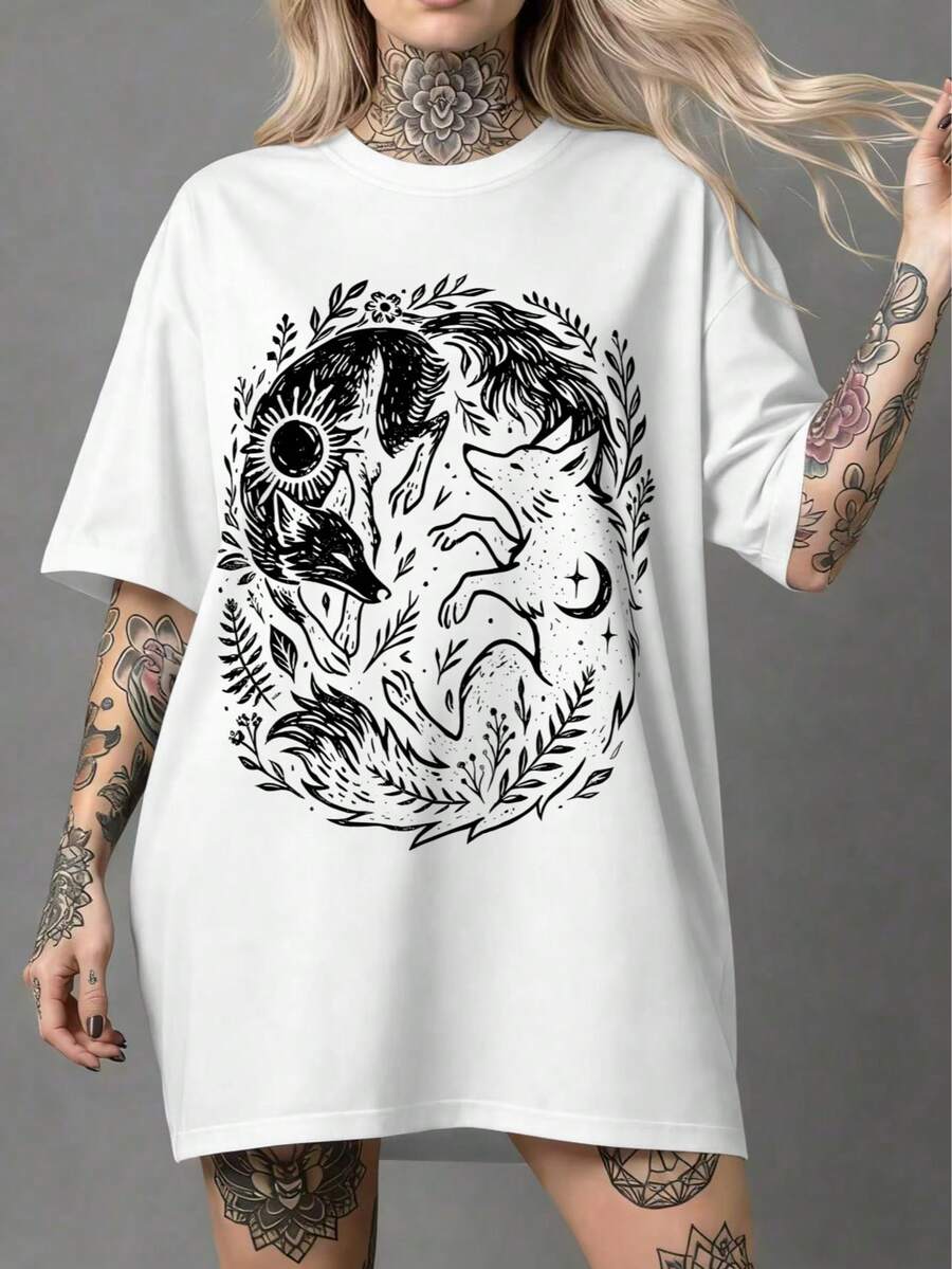 2026新款狐狸阴阳衬衫、日月T恤、女巫森林T恤、神秘动物印花衬衫、暗黑学院风自然美学大码女式圆领T恤 - 白色 - 查看 1