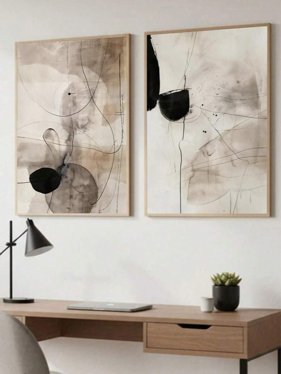 2幅无框黑米色抽象墙画，中性极简主义艺术版画，工业风海报，日式线条艺术版画，现代墙面装饰，帆布画，适用于客厅、卧室、厨房、家庭办公室、咖啡馆、酒吧、走廊、家居和房间装饰。 - 黑色 - 查看 1