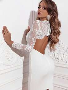 Women's Elegant Sexy White Lace Long Sleeve Midi Bodycon Dress, Backless Party Cocktail Evening Gown, Spring/Summer - White - View 2