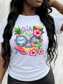 Girls Trip 2026 Cruise Palm Tree Cocktail Summer Short Sleeve T-Shirt - trắng - Xem 1