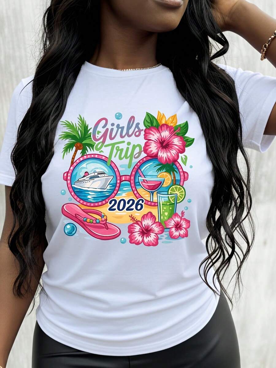 Girls Trip 2026 Cruise Palm Tree Cocktail Summer Short Sleeve T-Shirt - trắng - Xem 1