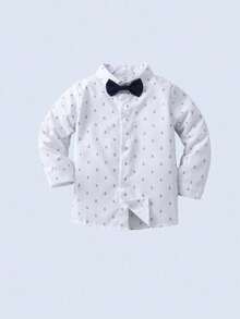 3pcs Young Boys Gentleman Outfit - White Long Sleeve Shirt With Bow Tie, Suspender Pants, And Navy Blue Suit Jacket, Fashionable & Outfit For Birthday Party, Wedding, Ring Bearer, Formal Occasions - Navy Blue - View 7