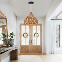 藤编吊灯 - 波西米亚风格吊灯，编织吊灯，可调节藤编灯，吸顶吊灯，房间照明，民宿装饰，适用于厨房岛台、走廊、卧室、餐桌、客厅 - E26灯座（不含灯泡）