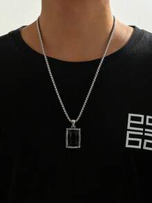 1pc Fashionable Punk Vintage Black Obsidian Pendant Necklace, Stainless Steel Necklace For Men - Necklace - View 3