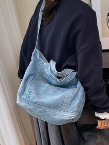 New Denim Fabric Women's Fashion Tote Bag, Large Capacity For Daily Casual, Commuting, Travel - Baby Blue - View 2