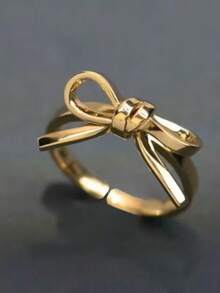 1 pieza Anillo abierto elegante con lazo dorado, diseño lindo/apilable, adecuado para mujeres, ideal para bodas, compromisos, uso diario, cumpleaños, aniversarios, regalos del Día de San Valentín para pareja, amiga, madre - Dorado - Ver 3
