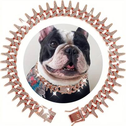 Collar de lujo de estilo hip-hop para mascotas, collar de moda para mascotas con tacto de alta calidad, cadena cubana con picos de 20 mm incrustada con diamante de imitación, diseño ajustable para un uso talla grande humano, duradero y no perderá los diamantes, adecuado para gatos y perros