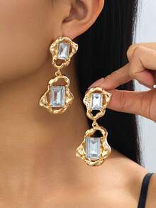 1 Pair Dazzling Romantic Luxury Asymmetric Metal Rhinestone Pendant Earrings, Romantic Gift For Women, Valentine's Day - Yellow Gold - View 1