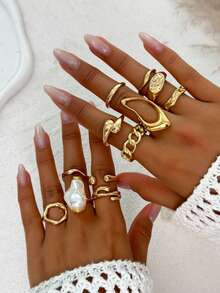12pcs Vintage Gold Tone Open Rings Set, Creative Geometric Asymmetrical Lava Teardrop Rings, Exaggerated Hollow Design Rings, Baroque Asymmetric Pearl Decor Rings - Yellow Gold - View 2