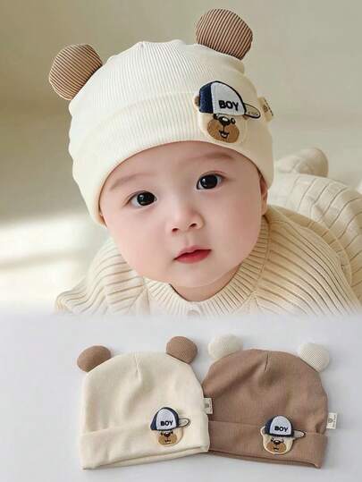 1pc Cute Bear Baby Hat, Spring/Autumn Fontanel Protection Cap, Unisex Newborn Infant Beanie 0-12 Months