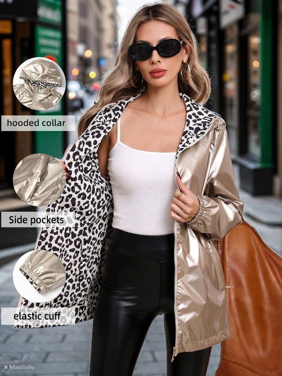 Risissida 女士豹纹连帽外套 - 双向拉链设计，适合春秋季穿着 - 户外活动的理想之选 - 豹紋 - 查看 1