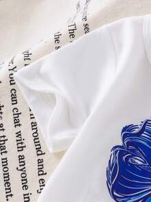 2pcs Baby Girl Cute Bow Print Short Sleeve Round Neck T-Shirt Top And Bowknot Denim Flare Leg Pants Set - White - View 4