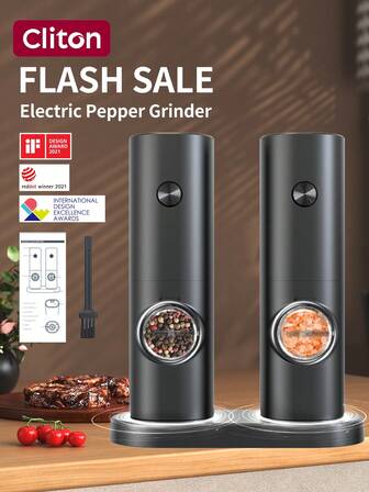 CLITON 1 Set Electric Salt And Pepper Grinder Set With Storage Base, Battery Powered, Automatic Grinding, LED Light, Adjustable Coarseness, One-Touch Operation, ABS Material, Kitchen Companion, Black Set, Cleaning Brush Included