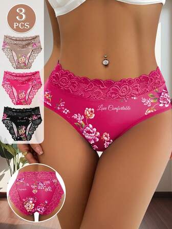 3 Peças Calcinhas de Algodão Confortáveis e Respiráveis com Estampa Floral Romântica para Mulheres, Ótima Opção de Presente