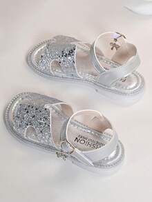 1 Pair 2026 New Silver Fashionable Children's Rhinestone Sandals, Children's Beach Sandals, Bohemian Style, Handmade Rhinestone Sandals - Silver - View 2