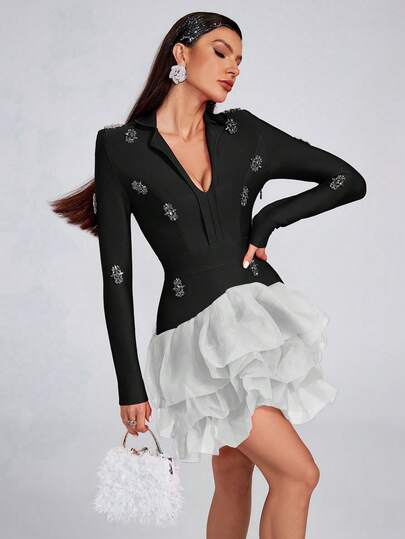  Girsdy黑色时尚成熟花卉刺绣深V领长袖网纱下摆连衣裙，水钻绷带迷你连衣裙，性感俱乐部拉丁舞蓬蓬裙春季优雅