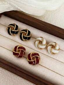 3 Pairs Minimalist French Retro New Chinese Style Knot Enamel Stud Earrings, Elegant Earring Set, Versatile For Women Daily And Festive Wear - Three Piece Set - View 1