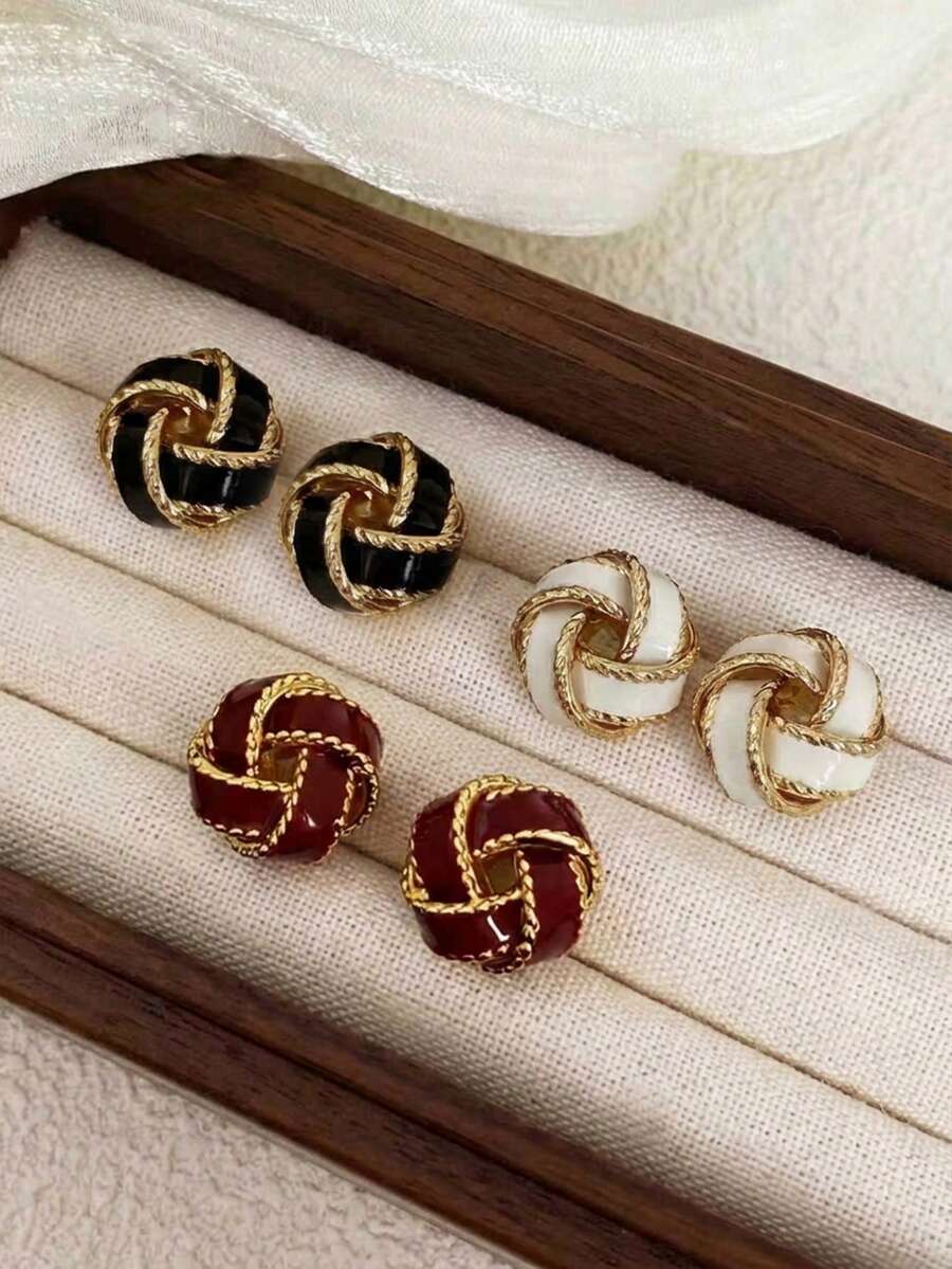 3 Pairs Minimalist French Retro New Chinese Style Knot Enamel Stud Earrings, Elegant Earring Set, Versatile For Women Daily And Festive Wear - Three Piece Set - View 1