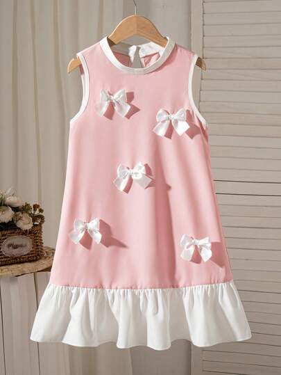 Girls' Casual Solid Color Sleeveless Knee-Length Dress With 3D Bow Decor And Keyhole Back, Suitable For Spring/Summer