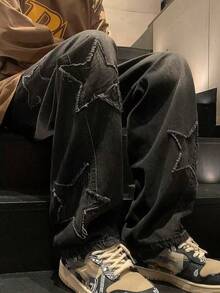 pantalones de hombre pantalones de hombre>mezclilla pantalones de hombre>baggy pantalones vaqueros para hombre Vaqueros rectos para hombre Star Fringe Design Hip Hop Punk Style Jeans Fashion Loose - Blanco y Negro - Ver 3