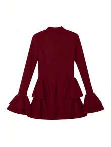 女士优雅纯色针织面料多层荷叶边/褶边领长袖正式连衣裙，适合秋冬季节穿着。 - 紅色 - 查看 10