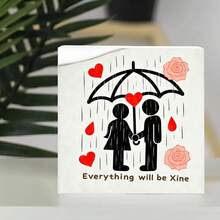 Decorative Wooden Box With Black-And-White Stick Figures Holding Hands Under Black Umbrella, Red Hearts & Raindrops, Light Pink Roses, Stylized 'Everything Will Be Xine' Text - Romantic Thoughtful Gift For Couple, Anniversary, Valentine's Day - White - View 3