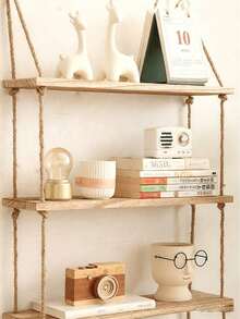 1pc (With Hook) Wall Hanging Decorative Rope Shelf, No Drill Needed, Macrame Rope Shelf, Wooden Book Shelf, Wall Decor Rack, Floating Shelf For Living Room - Apricot - View 7