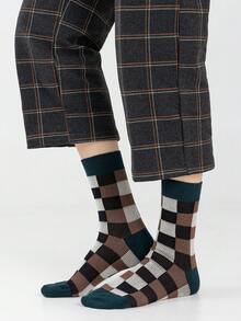 1/5 Pairs Unisex Couple Checkerboard Checkerboard Pattern Artistic Design Combed Cotton Breathable Mid-Calf Socks, Suitable For Travel, Home, Office, Holiday Gifts - Multicolor - View 10