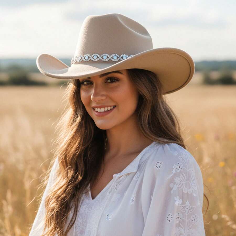 Rhinestone Western Cowgirl Hats Fashionable Elegant Wide Brim Fedora Caps For Women And Men - 卡其色 - 查看 1