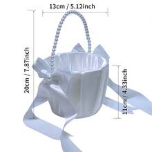 1pc White Petal Basket, Satin Bow Flower Basket, Suitable For Wedding, Easter - Multicolor - View 3