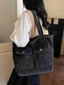 时尚大容量女士手提包，多功能多口袋帆布单肩包，适合大学生和通勤族使用。 - 黑色 - 查看 5