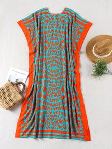 Đầm maxi Kaftan cổ chữ V in họa tiết cổ điển dành cho nữ, thân thiện với da, tay ngắn, kiểu dáng rộng rãi, xẻ tà bên hông, cỡ lớn, phong cách Bohemian, thích hợp mặc ở nhà hoặc nghỉ dưỡng. - Nhiều màu - Xem 3