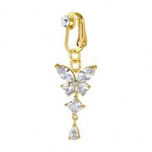 Fake Belly Button Ring Clip-On For Women - CZ Dangle Heart Non-Piercing Jewelry - Golden - Golden - View 34