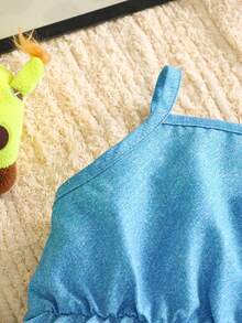 女童蓝色无袖卡通动物印花连衣裙+遮阳帽套装，可爱休闲夏季幼儿服装 - 藍色 - 查看 6