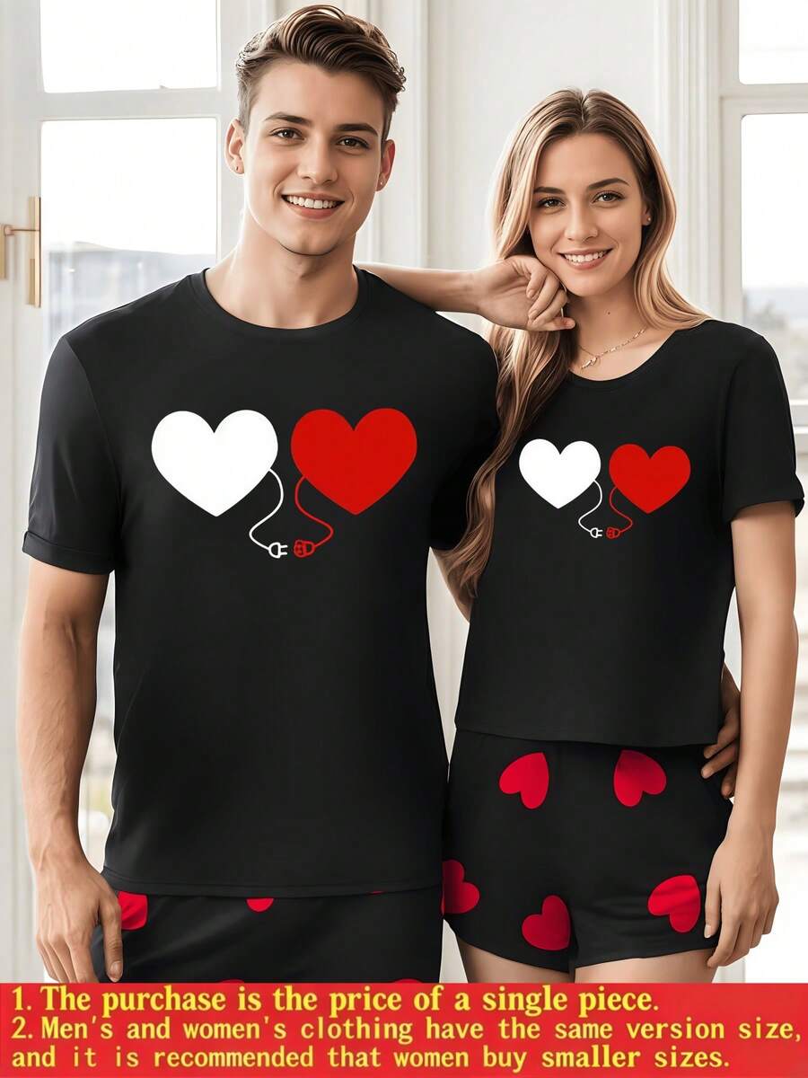 Dos corazones unidos por un cable que simboliza conexión y amor eterno perfectos para parejas camiseta de mujer 100% algodón suave 220g - Negro - Ver 1