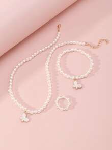 3pcs/Set Fashionable Faux Pearl Beaded Butterfly Pendant Necklace, Ring, Bracelet Jewelry Set, Cute & For Teens - Multicolor - View 7