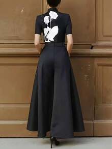 女士纯色褶裥口袋阔腿宽松休闲裤 黑色 春季 - 黑色 - 查看 2