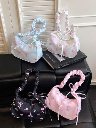 1 pieza Bolso hobo con pliegues y estampado floral, bolso lindo, correa de hombro ajustable, bolso ligero para debajo del brazo, para niñas/adolescentes/estudiantes, para uso diario, regalos/compras/festivales