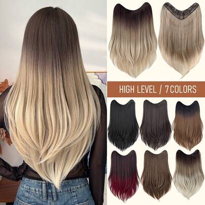 Clip In Hair Extensions V-Shaped Omber 22 Inch Long Straight Hair Heat Resistant Fiber Synthetic Hairpiece For Women Girls Party Daily Use