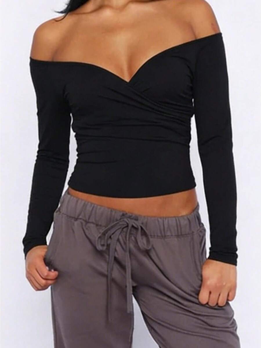 Womens Off Shoulder Wrap Tops Long Sleeve Solid Color Slim Fitted T-Shirt Ruched Crop Tops - 黑色 - 查看 1