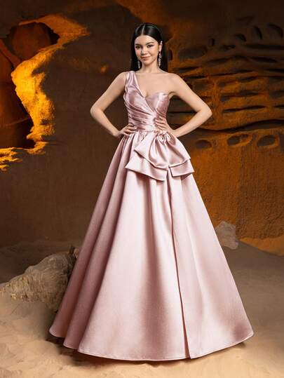  Alisa&Leo Satin Formal Dress For Teenage Girls - One Shoulder Design, Front Pleats, Waist Bow And Back Tie - Flowing Long Skirt - Suitable For Prom, Birthday Party, Wedding And Formal Events