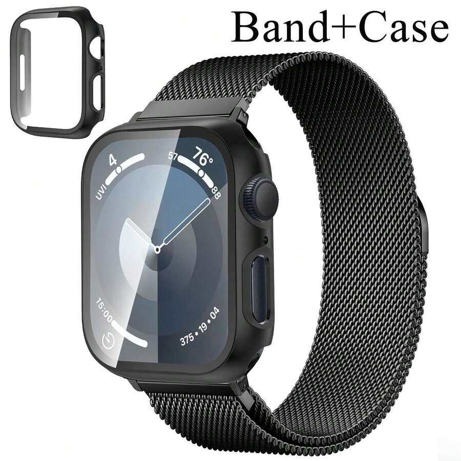 Magnetic Band And Case Compatible With Apple Watch Band 40mm 41mm 42mm 44mm 45mm 46mm 49mm Women/Men, Stainless Steel Milanese Loop Strap, Full Protective Cover Compatible With IWatch Series Ultra SE 11/10/9/8/7/6/5/4/3/2/1