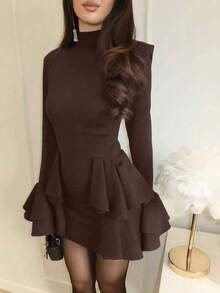 Vestido formal de manga larga con cuello de volantes/volantes multicapa de tela de punto de unicolor elegante para mujer, adecuado para otoño y primavera - Café integral - Ver 4