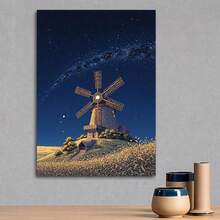 1pc Dutch Windmill Under Dreamy Starry Sky Canvas Print -  Wall Art,  Nighttime Landscape With Golden Wheat Fields, Perfect For Home Decor, Living Room, Or Office, Windmill Decor - 彩色 - 查看 1