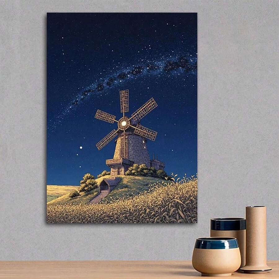 1pc Dutch Windmill Under Dreamy Starry Sky Canvas Print - Wall Art, Nighttime Landscape With Golden Wheat Fields, Perfect For Home Decor, Living Room, Or Office, Windmill Decor - 彩色 - 查看 1
