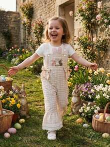 Toddler Baby Girl Easter Outfit Overalls Bunny Cross Lace Romper Cute Gingham Bell Bottom Suspender Jumpsuit - 杏色 - 查看 4
