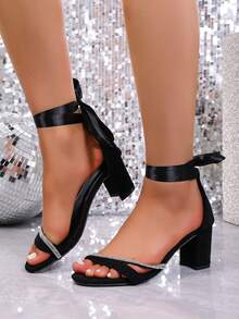 2026 New Black Satin Ribbon Rhinestone Decor Women's Sandals, Rhinestone Decor Chunky Heel Open Toe Party Elegant Shoes, Suitable For Valentine's Day, Banquet, Party - Black - View 6